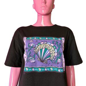 Vintage 90s M Seashells Tshirt Shorts Set Black Cotton Novelty Beachy Comfy Cozy